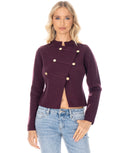 Military Button Asymmetric Long Sleeve Knit Top - Burgundy
