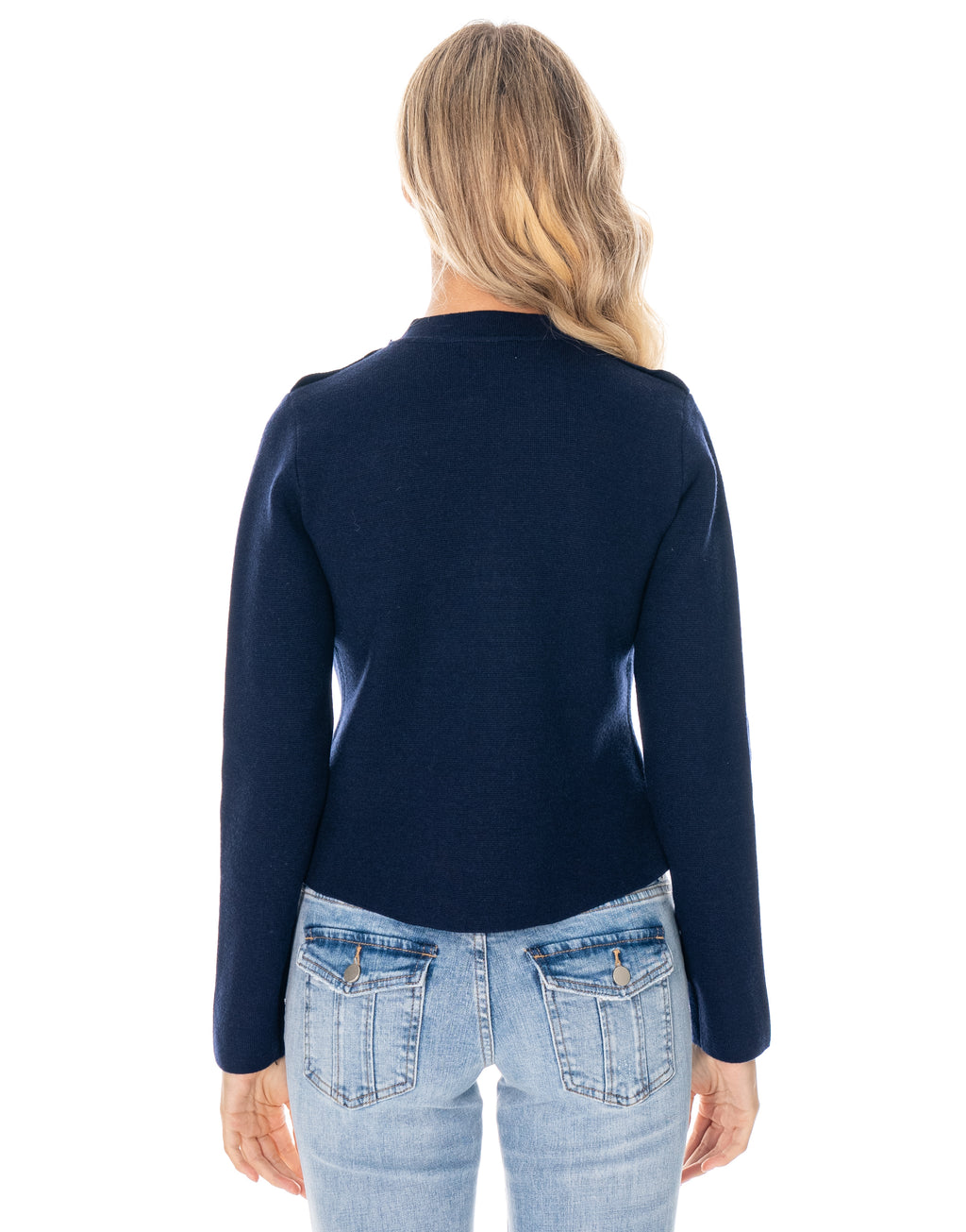 Military Button Asymmetric Long Sleeve Knit Top - Navy