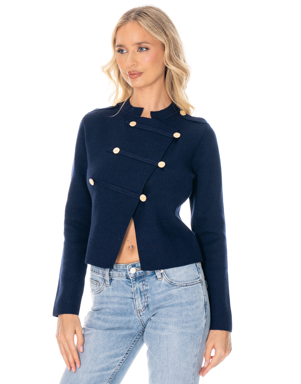 Military Button Asymmetric Long Sleeve Knit Top - Navy