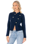 Military Button Asymmetric Long Sleeve Knit Top - Navy