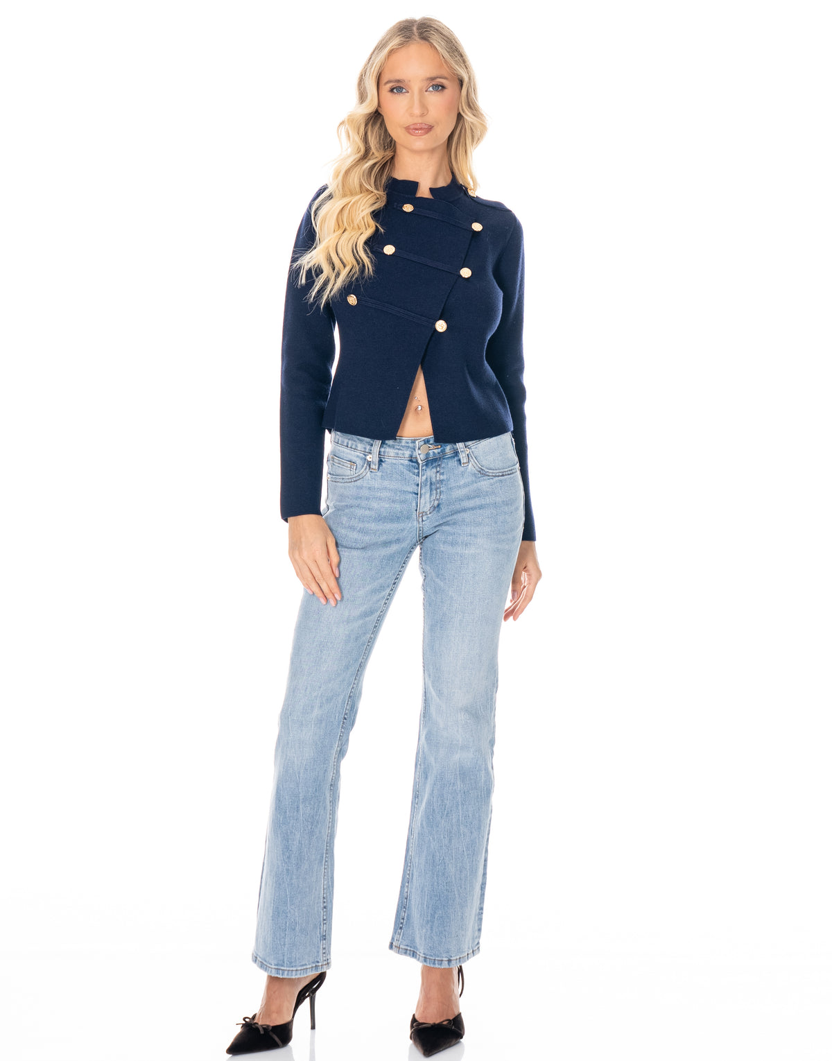 Military Button Asymmetric Long Sleeve Knit Top - Navy