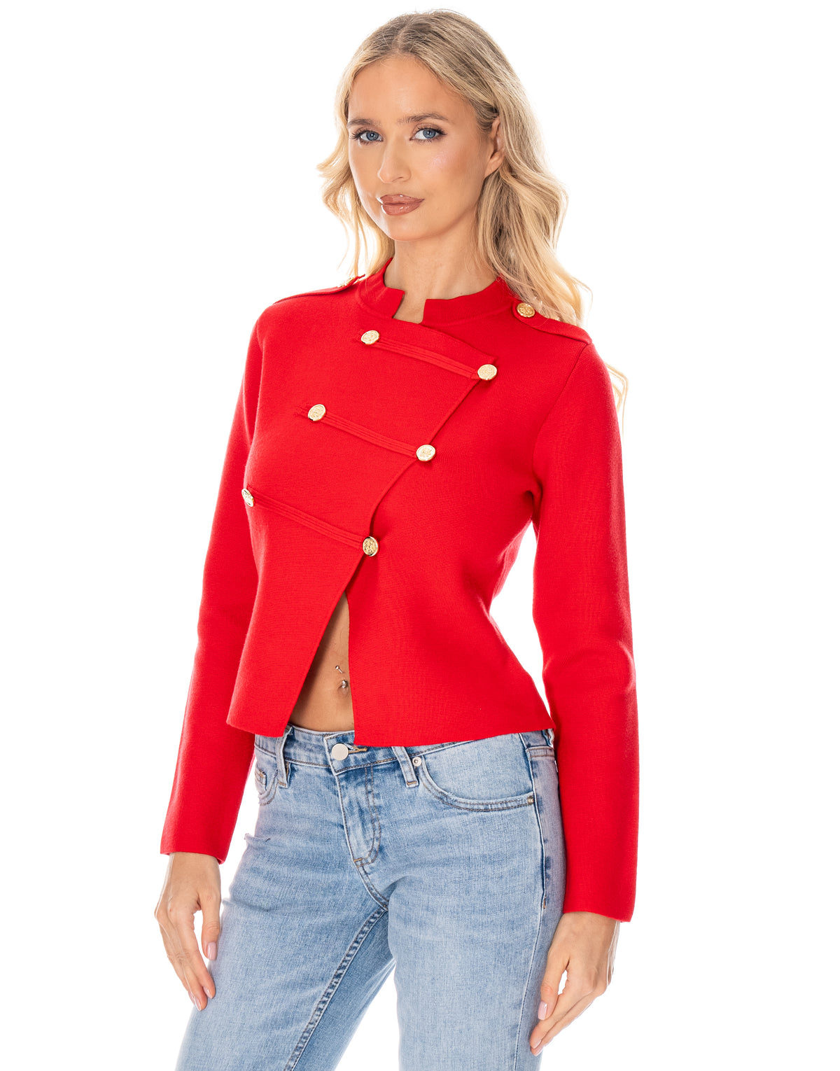 Military Button Asymmetric Long Sleeve Knit Top - Red
