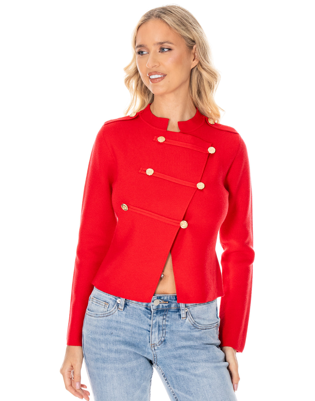 Military Button Asymmetric Long Sleeve Knit Top - Red