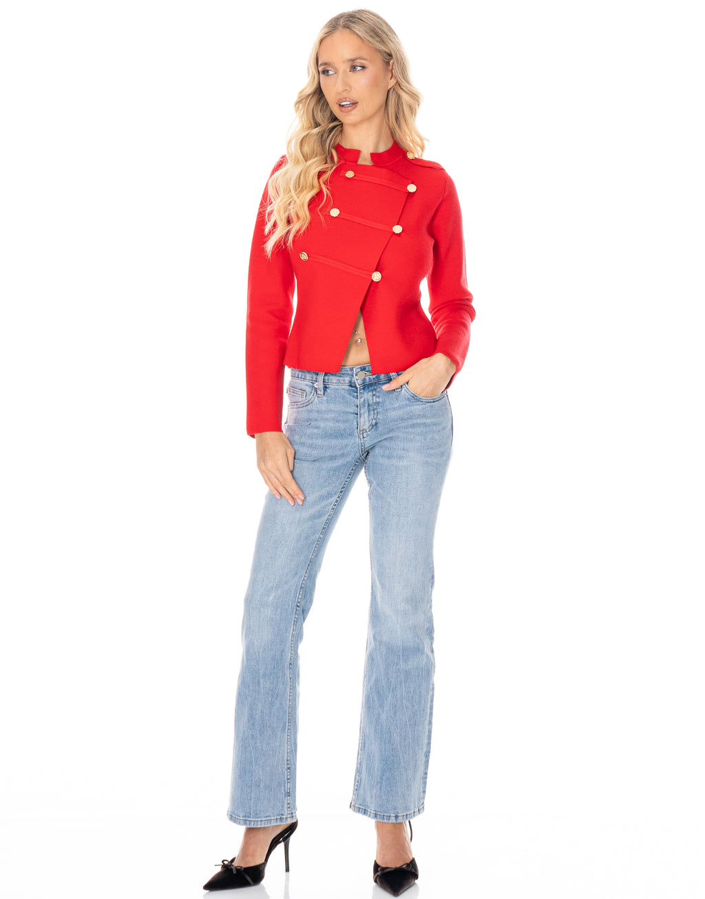 Military Button Asymmetric Long Sleeve Knit Top - Red