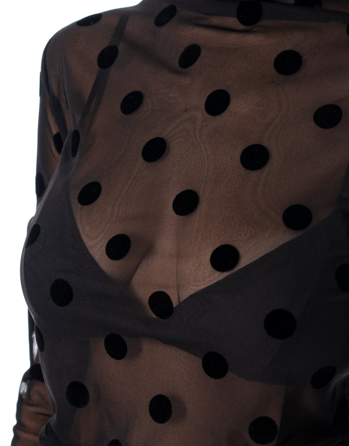 Sheer Mesh Polka Dot Mock Neck Long Sleeve Top - Black
