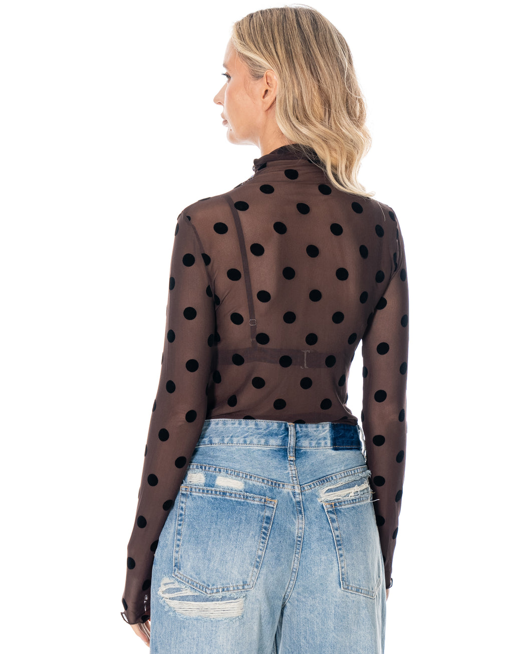 Sheer Mesh Polka Dot Mock Neck Long Sleeve Top - Brown