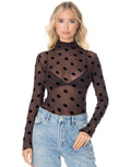 Sheer Mesh Polka Dot Mock Neck Long Sleeve Top - Brown