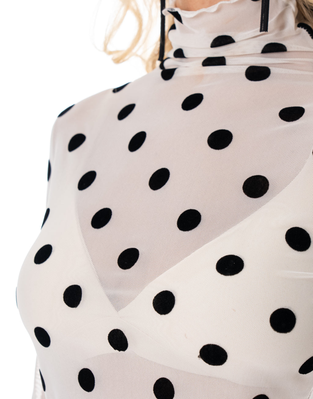 Sheer Mesh Polka Dot Mock Neck Long Sleeve Top - White