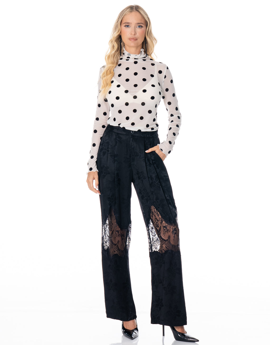 Sheer Mesh Polka Dot Mock Neck Long Sleeve Top - White