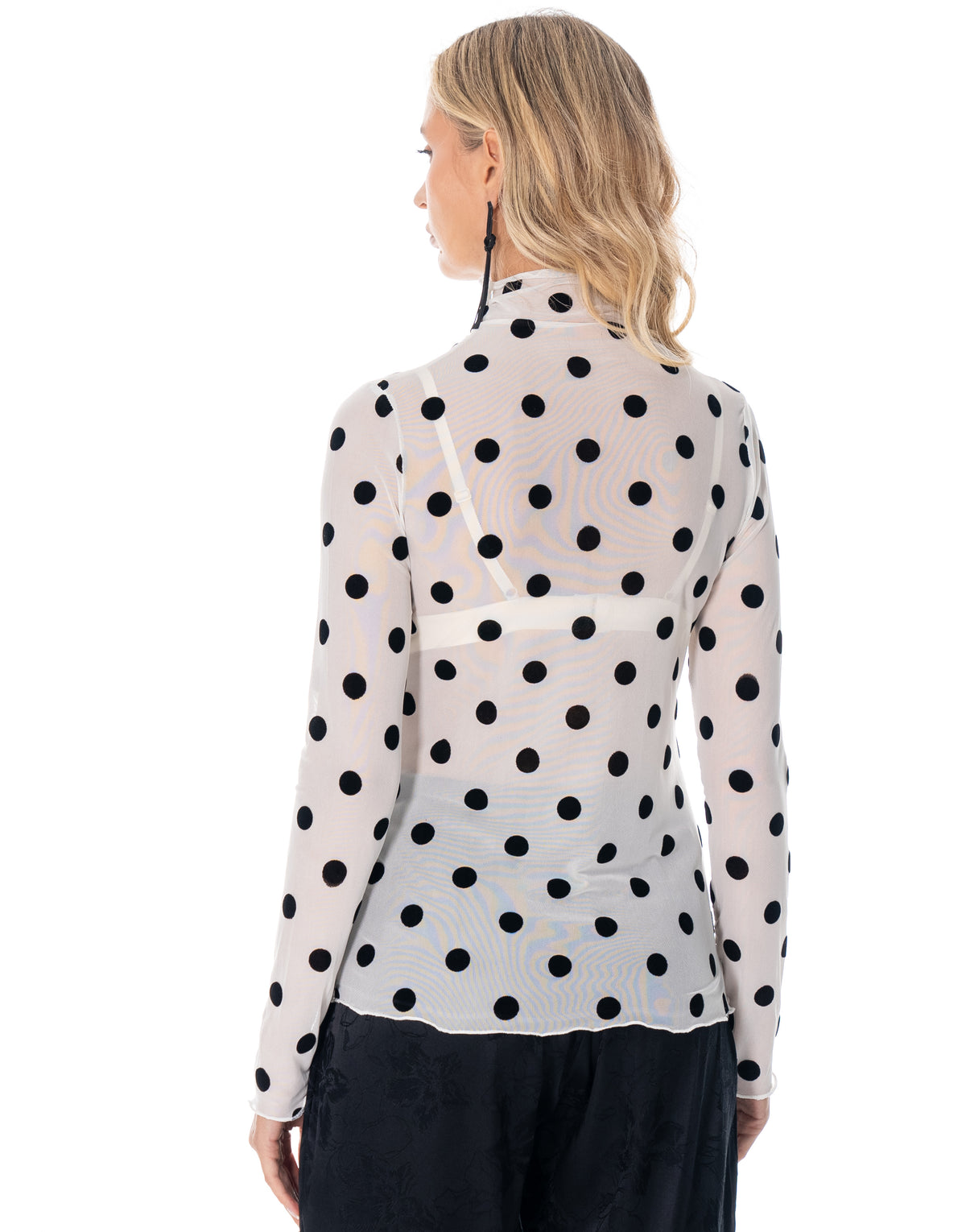 Sheer Mesh Polka Dot Mock Neck Long Sleeve Top - White