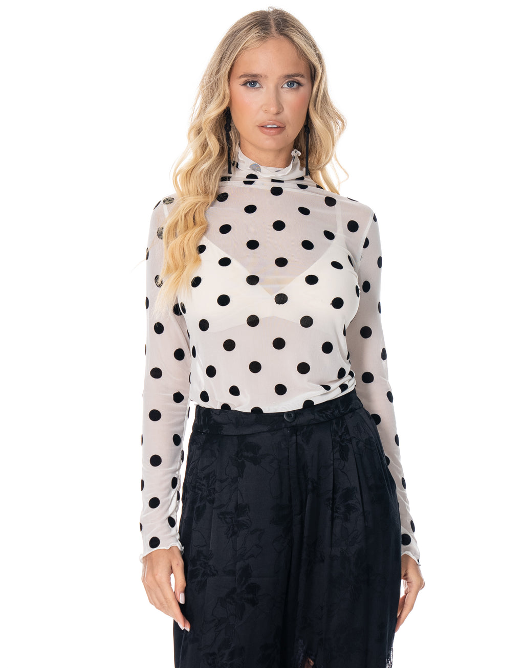 Sheer Mesh Polka Dot Mock Neck Long Sleeve Top - White