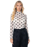 Sheer Mesh Polka Dot Mock Neck Long Sleeve Top - White