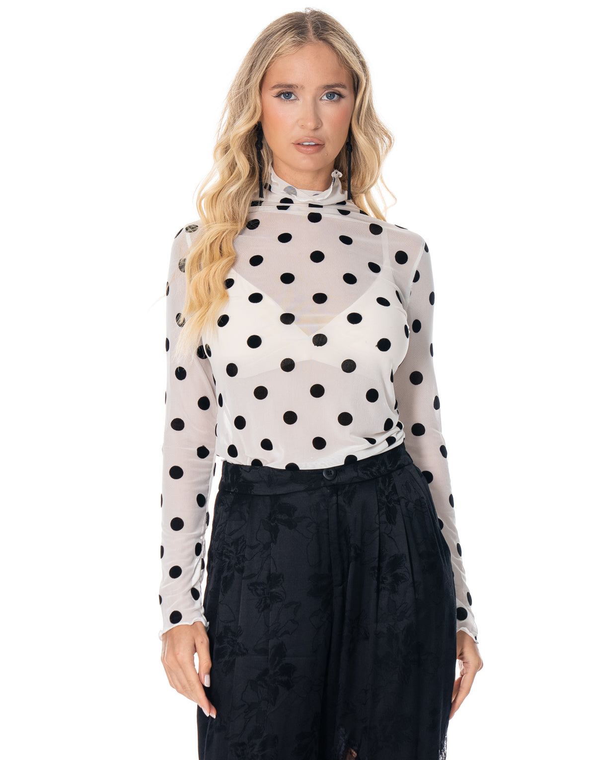 Sheer Mesh Polka Dot Mock Neck Long Sleeve Top - White