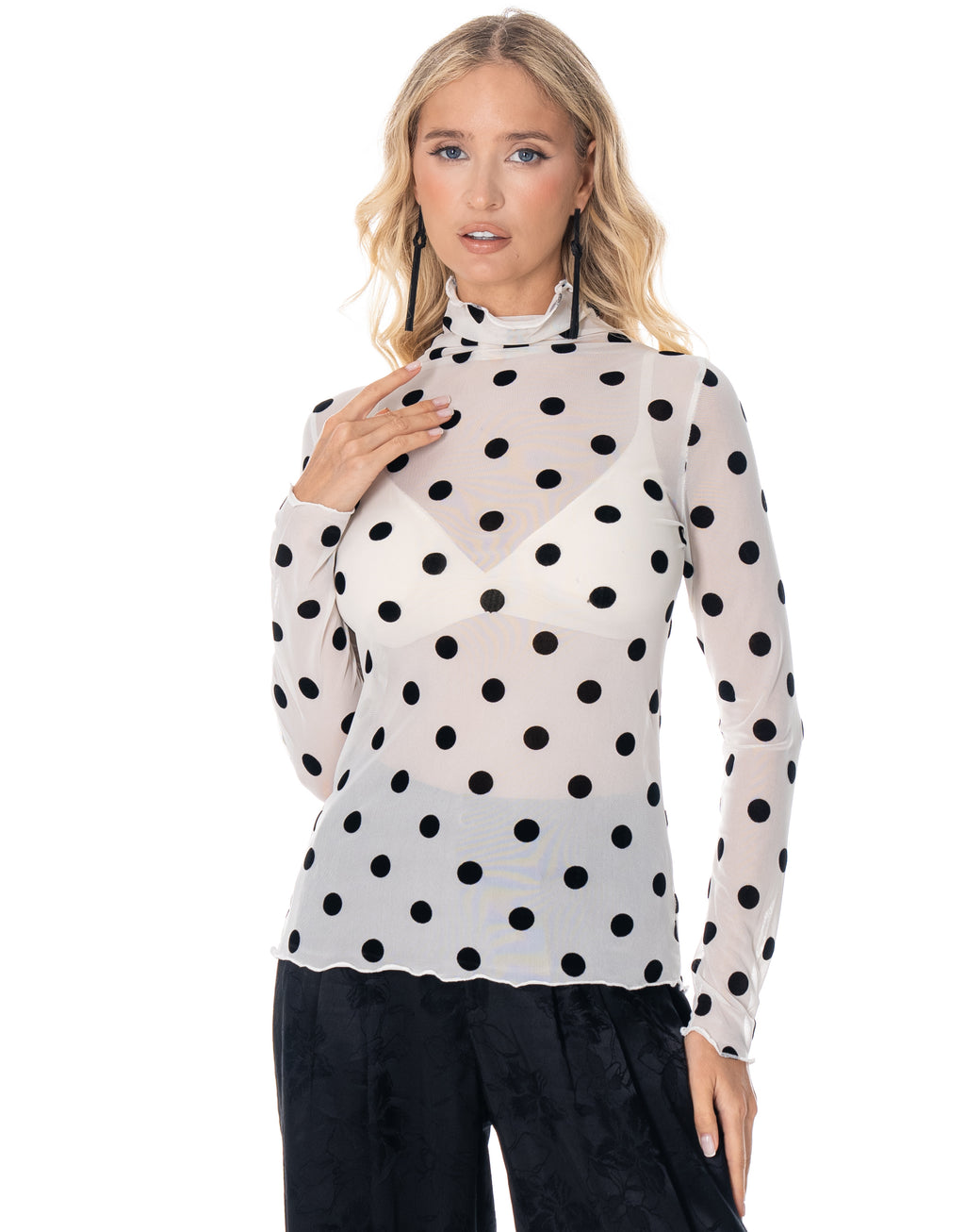 Sheer Mesh Polka Dot Mock Neck Long Sleeve Top - White