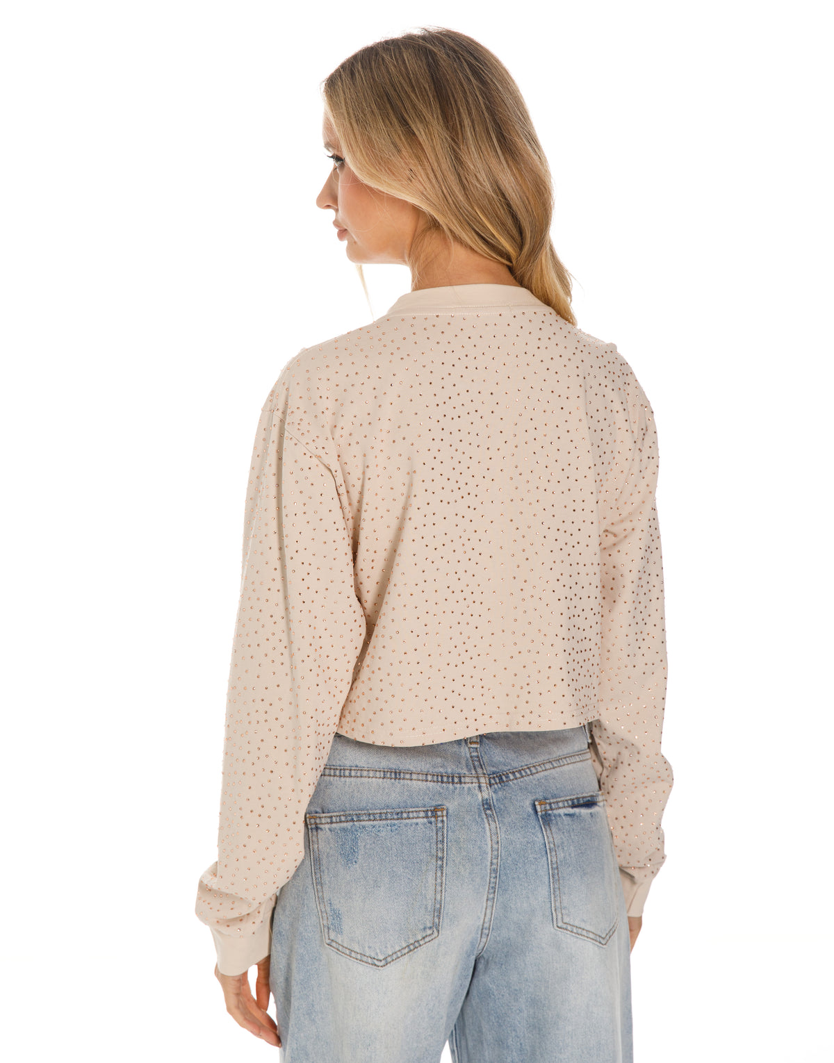 Rhinestone Acid Wash Cropped Long Sleeve Sweatshirt - Beige