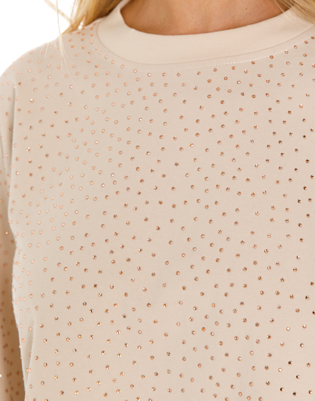 Rhinestone Acid Wash Cropped Long Sleeve Sweatshirt - Beige