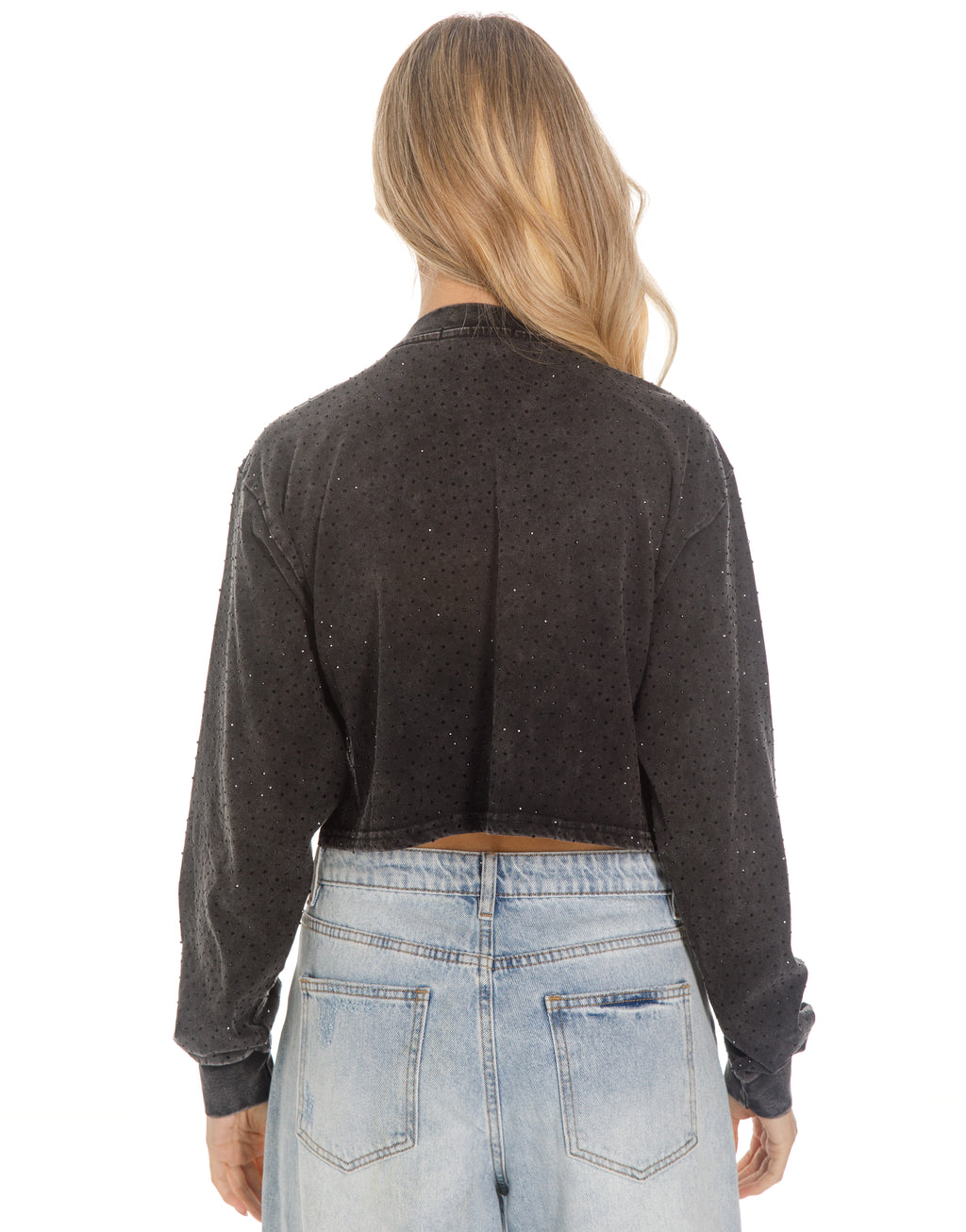 Rhinestone Acid Wash Cropped Long Sleeve Sweatshirt - Black