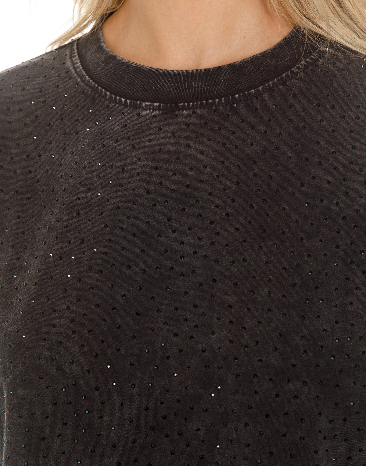 Rhinestone Acid Wash Cropped Long Sleeve Sweatshirt - Black