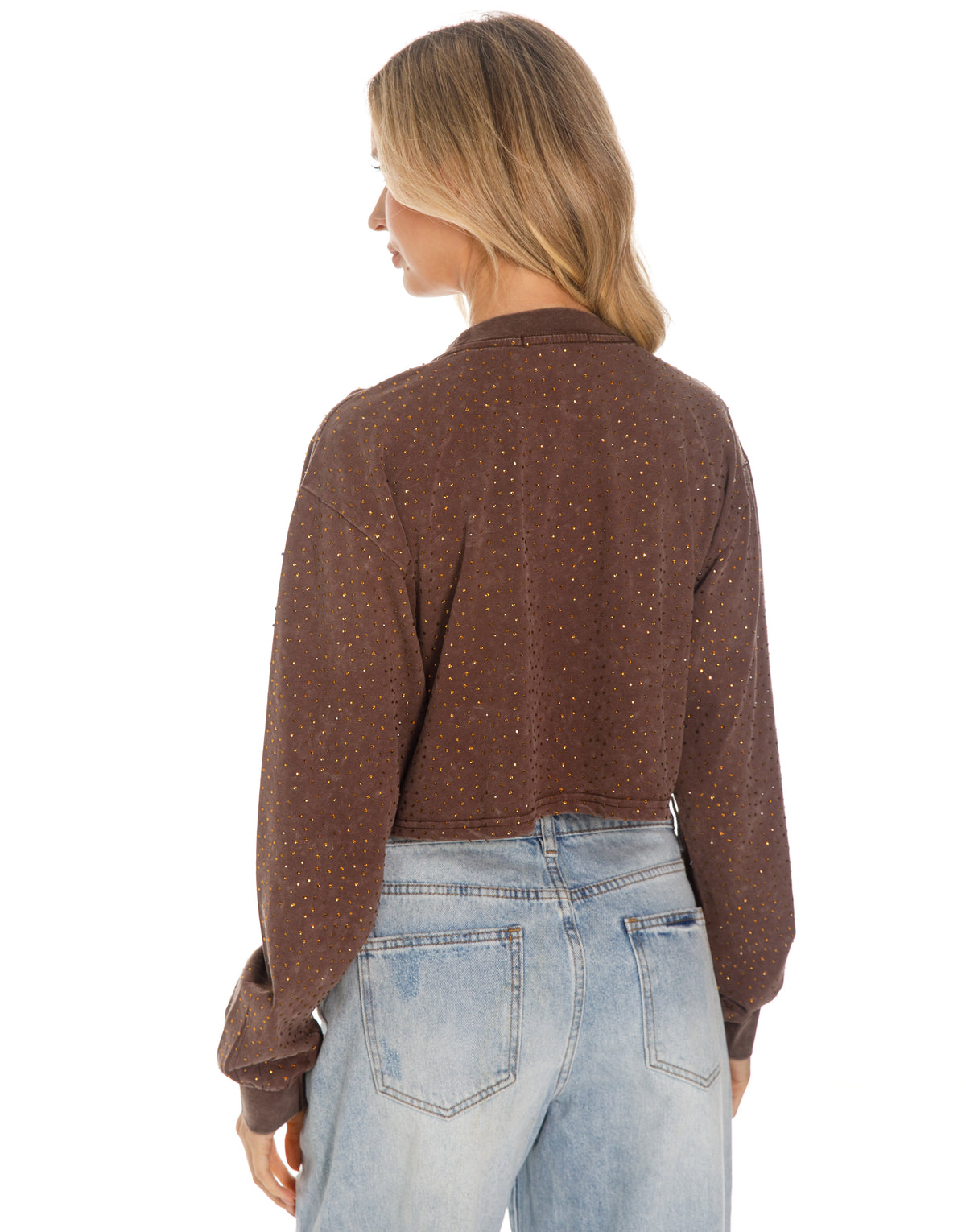 Rhinestone Acid Wash Cropped Long Sleeve Sweatshirt - Brown