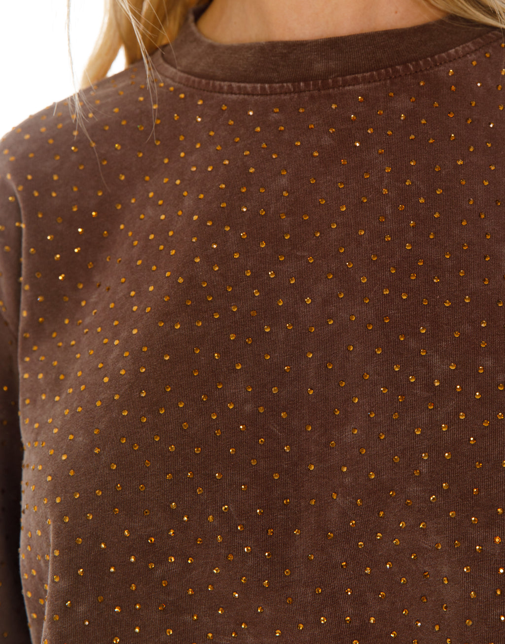 Rhinestone Acid Wash Cropped Long Sleeve Sweatshirt - Brown