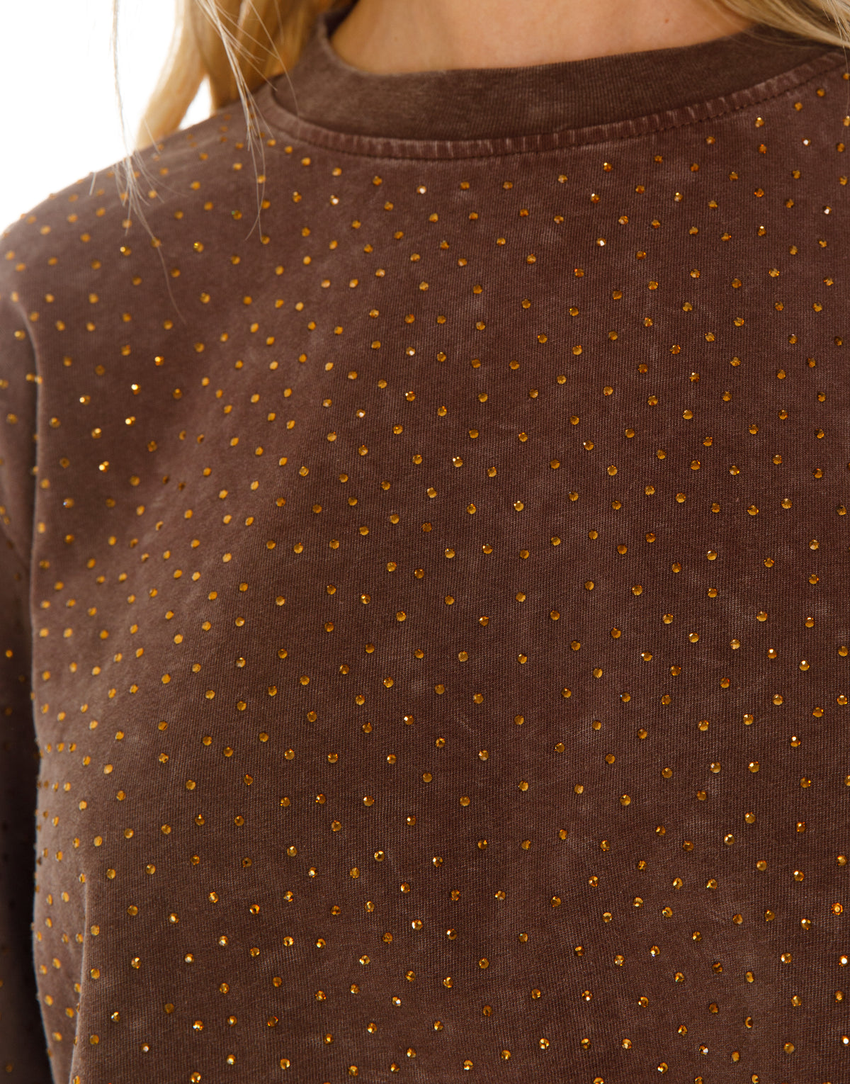 Rhinestone Acid Wash Cropped Long Sleeve Sweatshirt - Brown