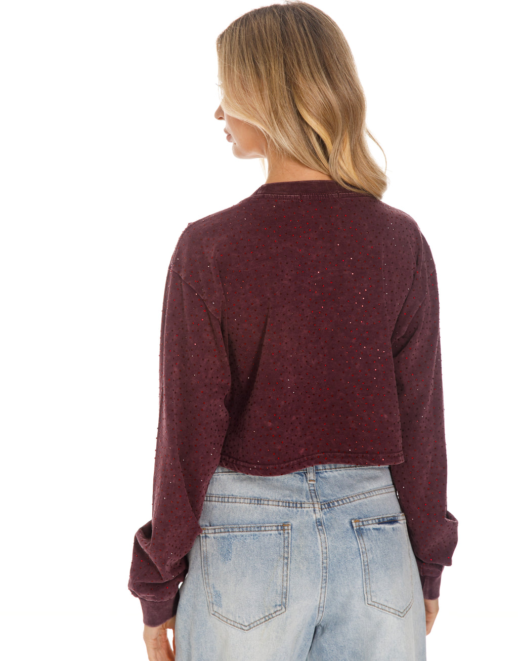Rhinestone Acid Wash Cropped Long Sleeve Sweatshirt - Purple