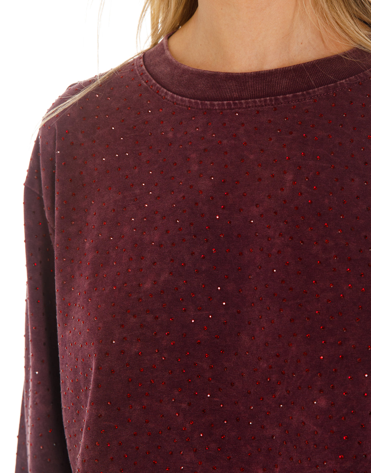 Rhinestone Acid Wash Cropped Long Sleeve Sweatshirt - Purple