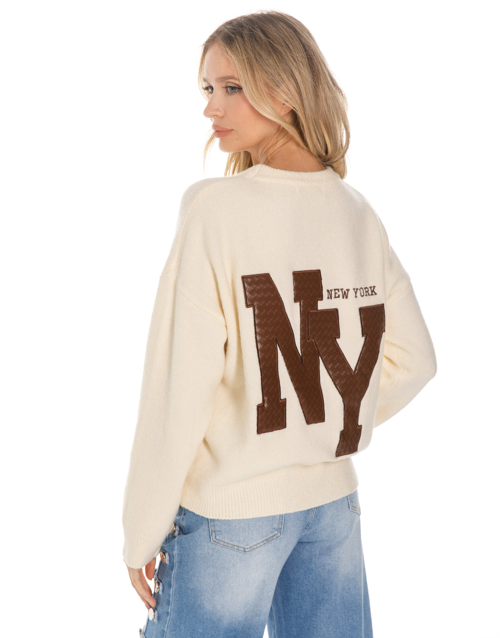 New York Patch Crew Neck Knit Sweater - Brown
