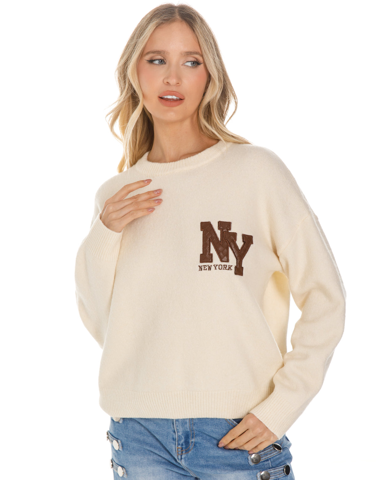 New York Patch Crew Neck Knit Sweater - Brown