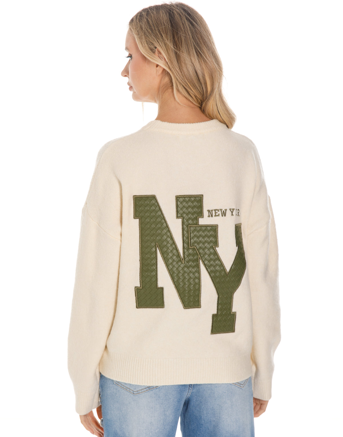 New York Patch Crew Neck Knit Sweater - Green
