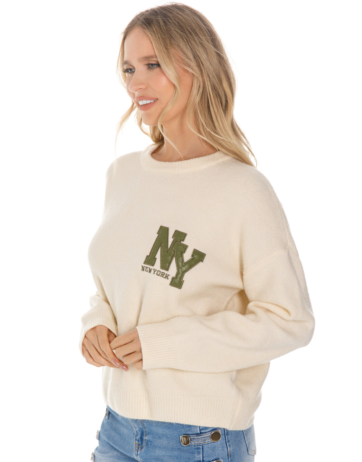 New York Patch Crew Neck Knit Sweater - Green