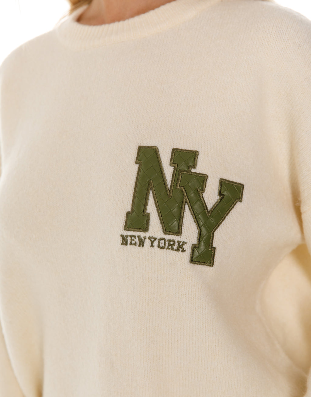 New York Patch Crew Neck Knit Sweater - Green