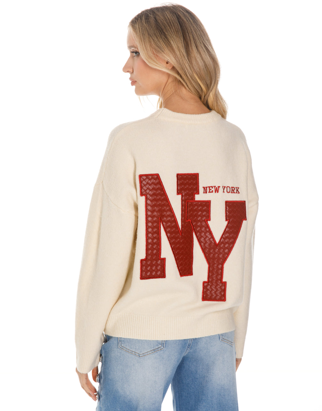 New York Patch Crew Neck Knit Sweater - Red