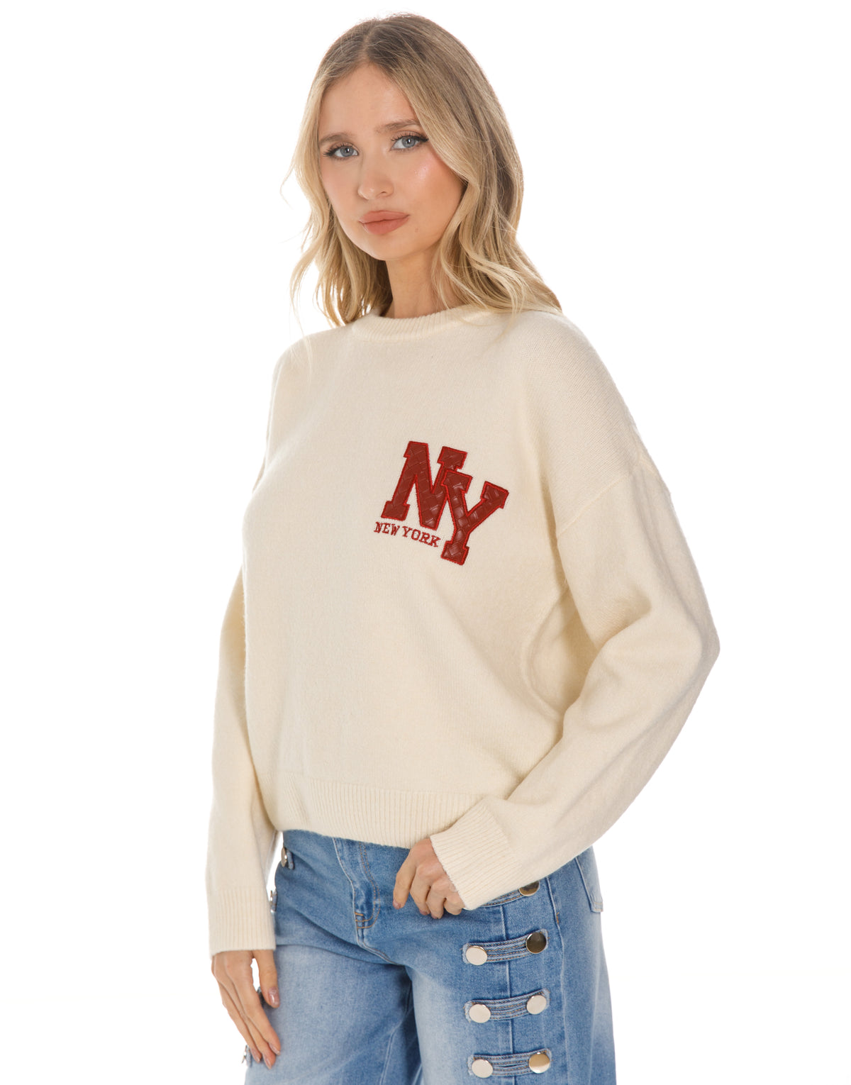 New York Patch Crew Neck Knit Sweater - Red