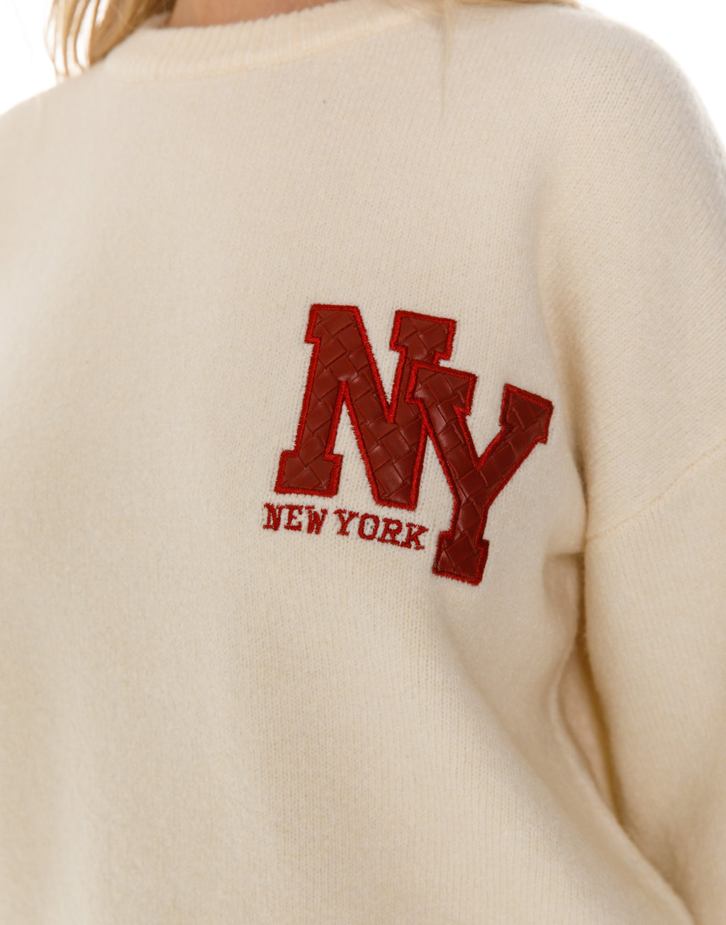 New York Patch Crew Neck Knit Sweater - Red