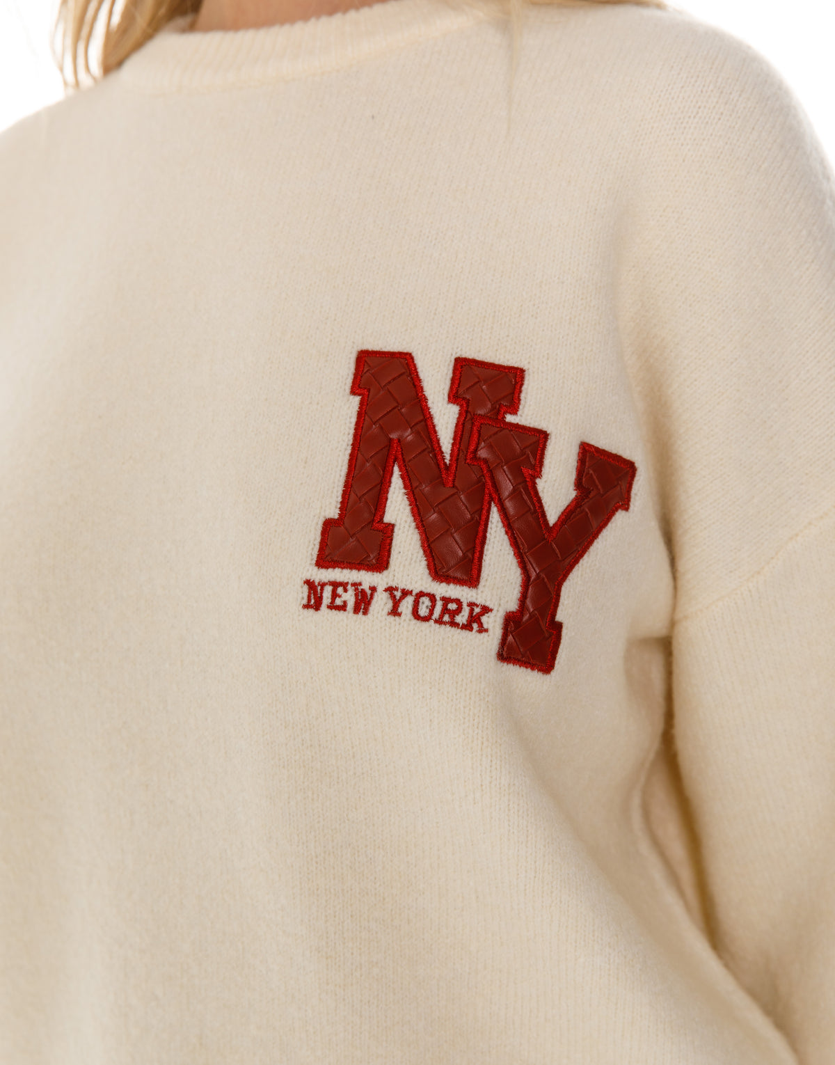 New York Patch Crew Neck Knit Sweater - Red