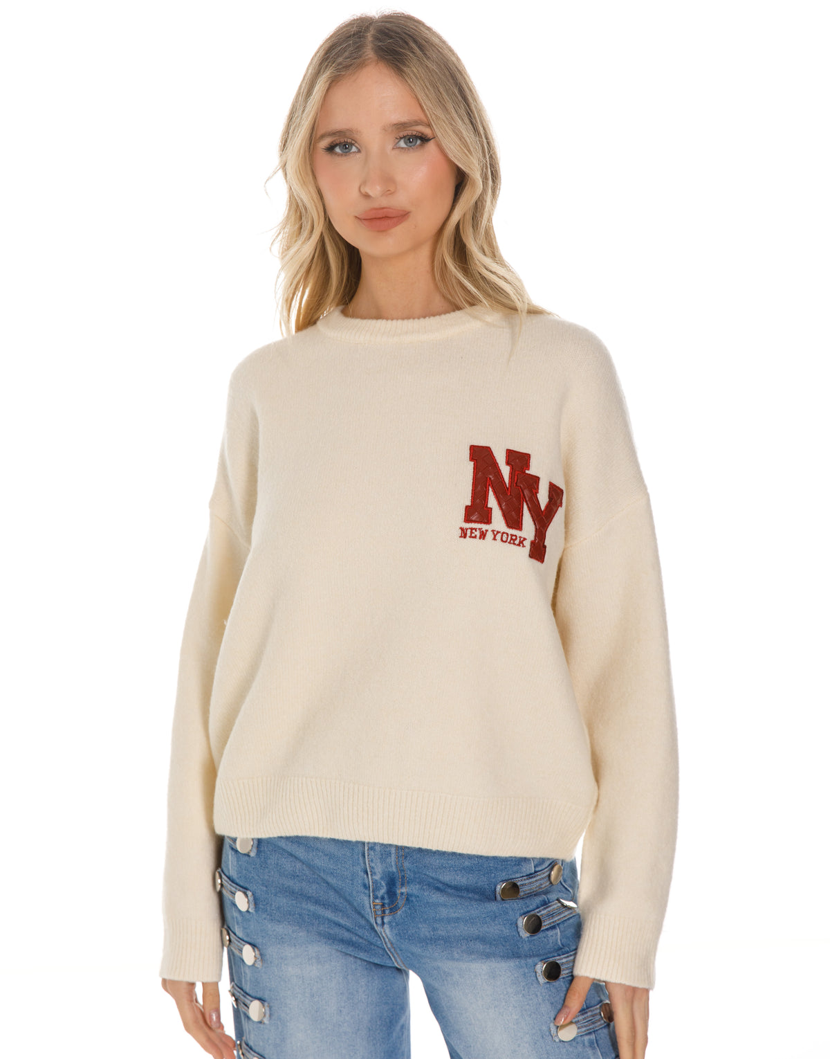 New York Patch Crew Neck Knit Sweater - Red