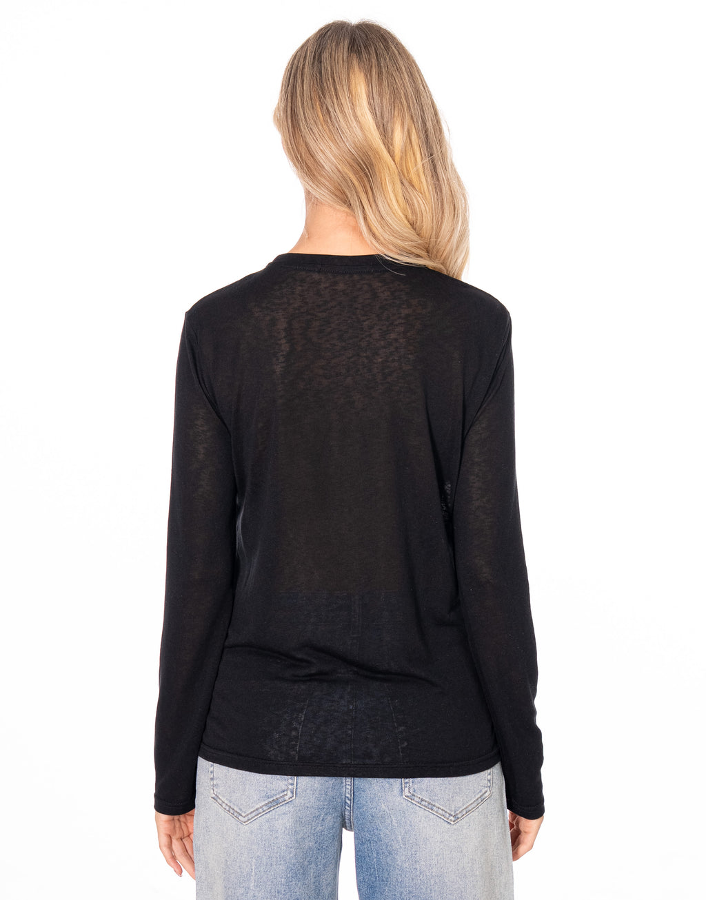 Sheer Slub Knit Crew Neck Long Sleeve Top - Black