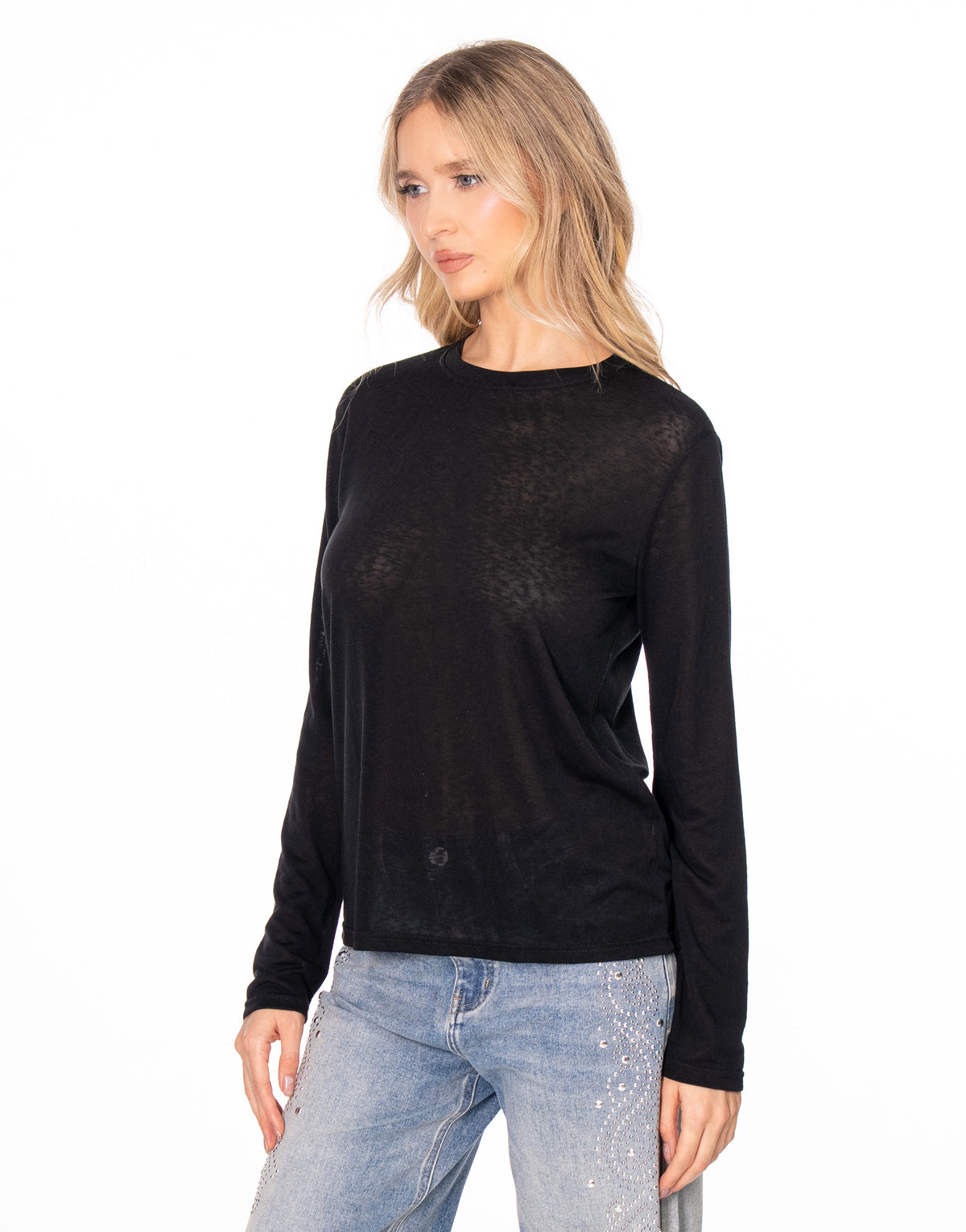 Sheer Slub Knit Crew Neck Long Sleeve Top - Black