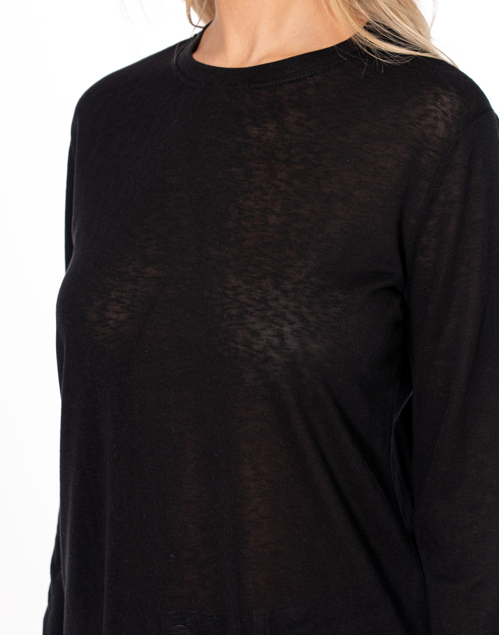 Sheer Slub Knit Crew Neck Long Sleeve Top - Black
