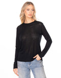 Sheer Slub Knit Crew Neck Long Sleeve Top - Black