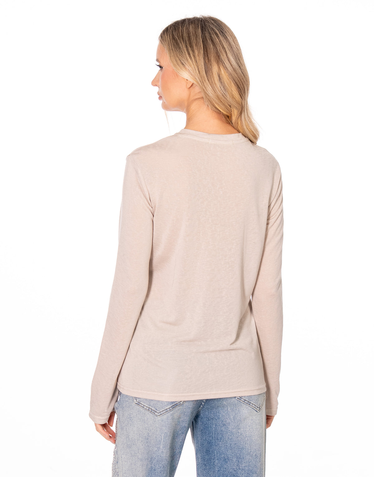 Sheer Slub Knit Crew Neck Long Sleeve Top - Khaki