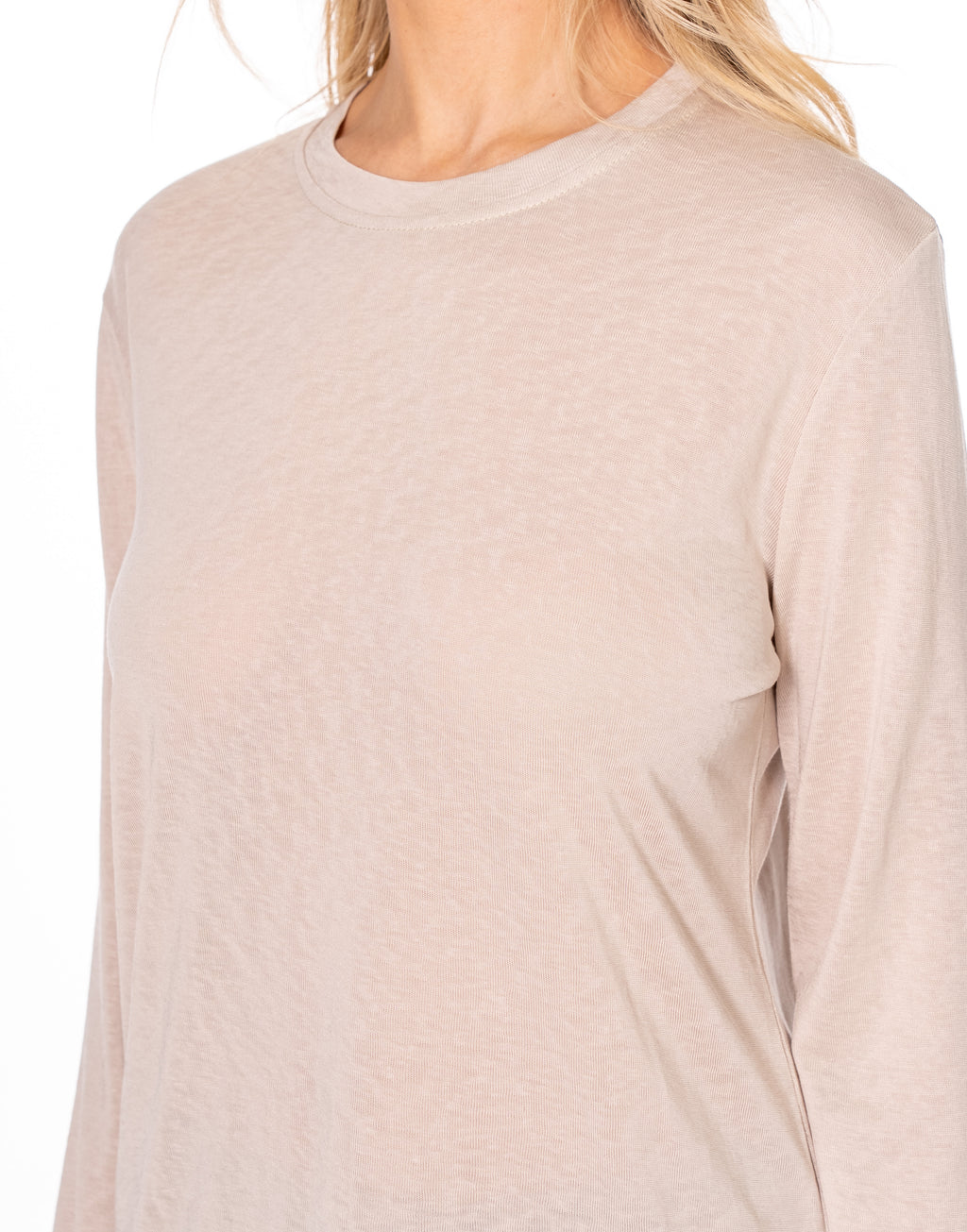 Sheer Slub Knit Crew Neck Long Sleeve Top - Khaki