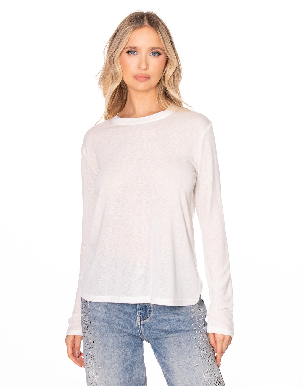 Sheer Slub Knit Crew Neck Long Sleeve Top - White