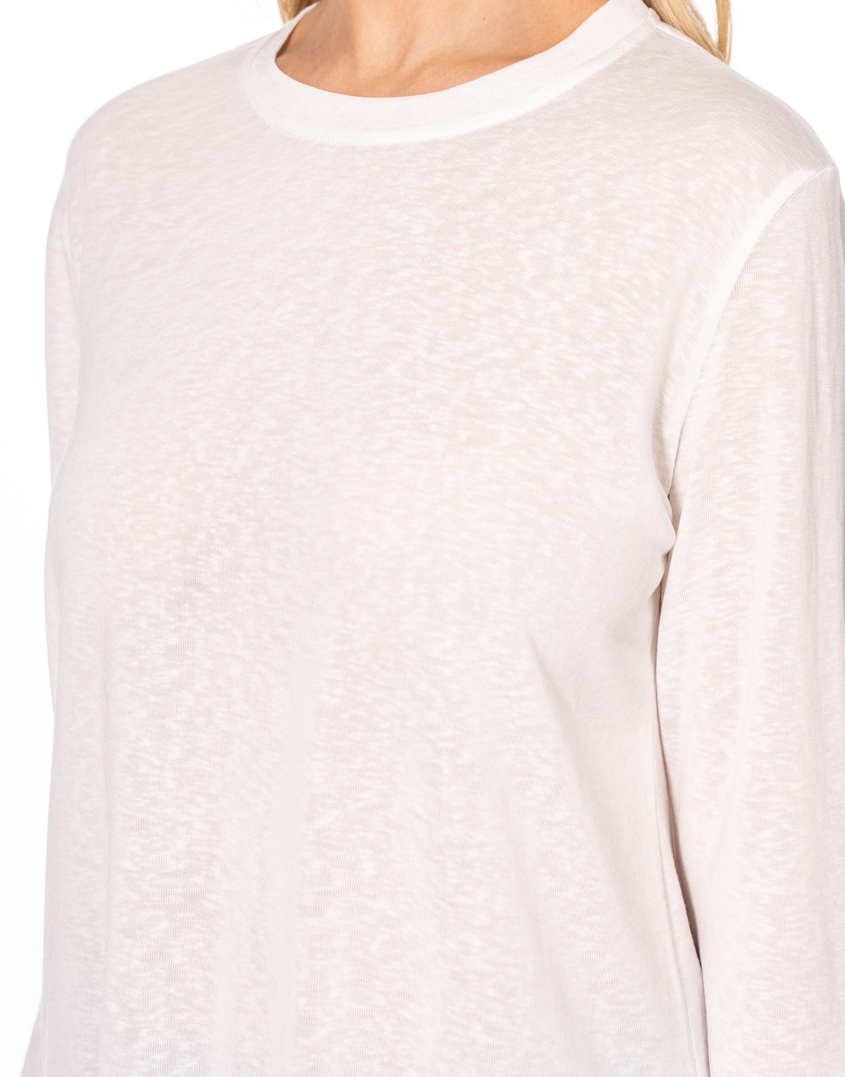 Sheer Slub Knit Crew Neck Long Sleeve Top - White