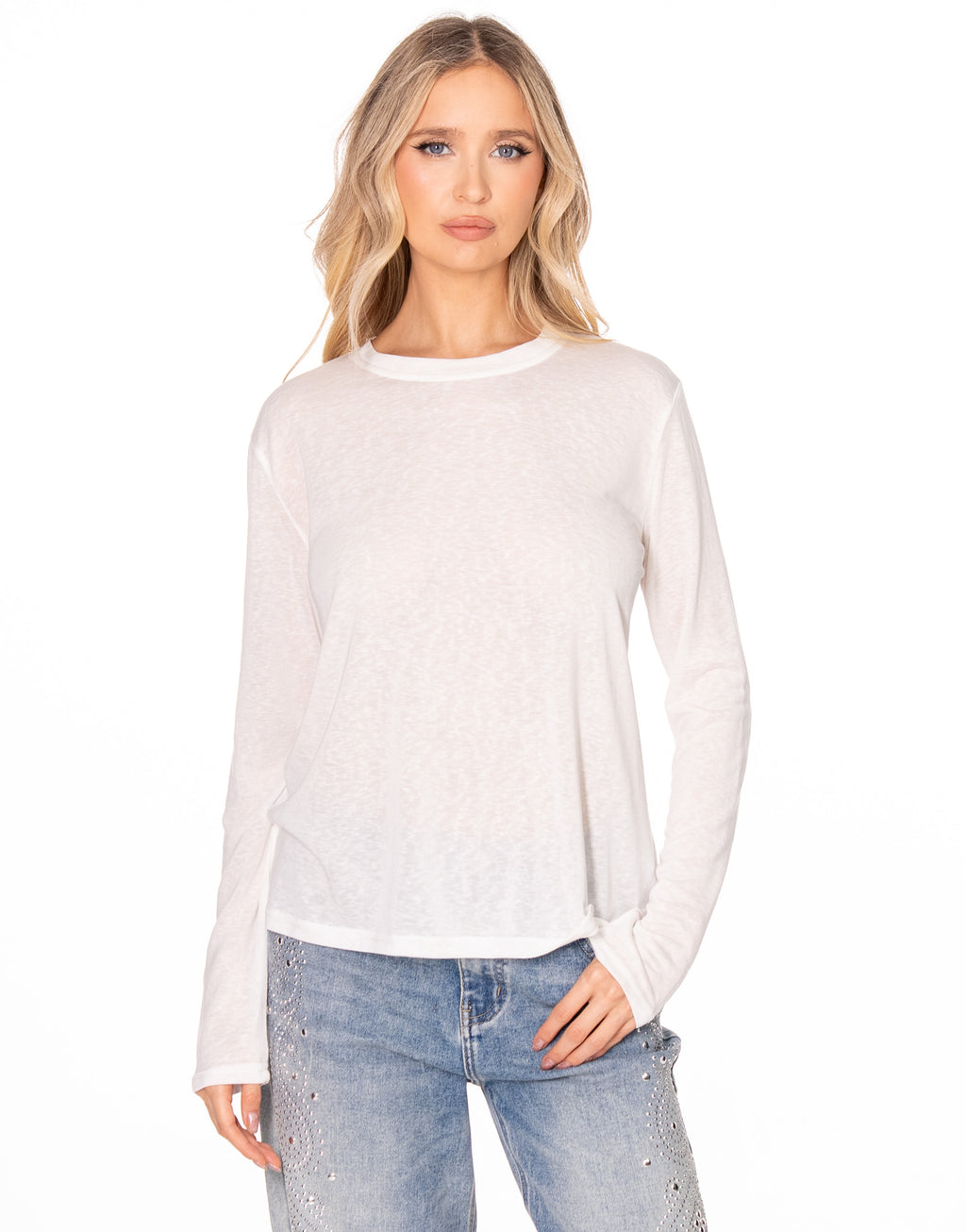 Sheer Slub Knit Crew Neck Long Sleeve Top - White