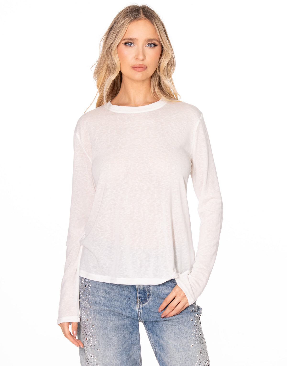 Sheer Slub Knit Crew Neck Long Sleeve Top - White