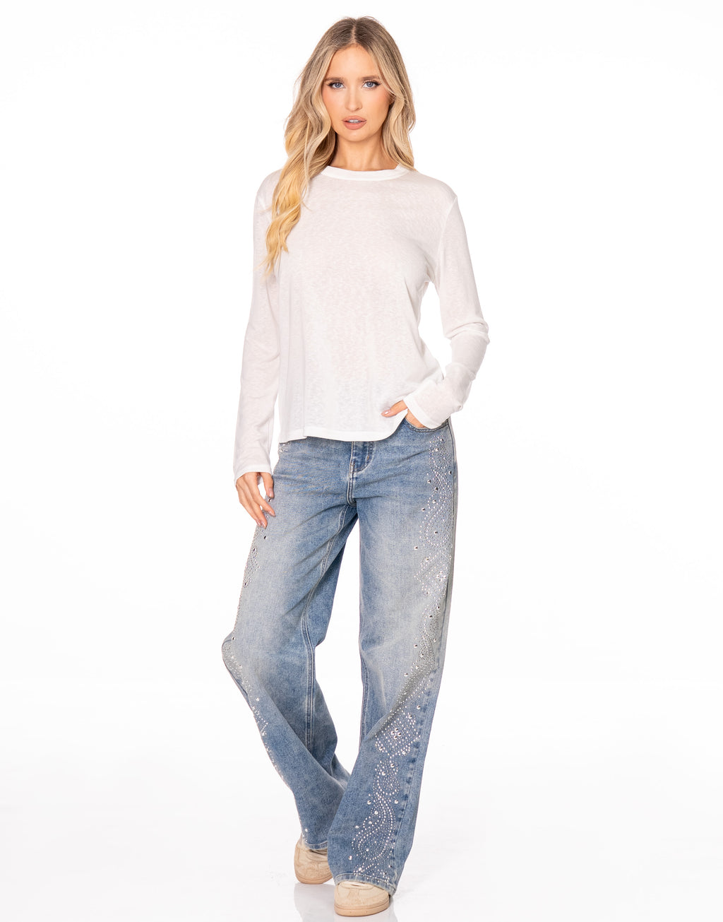 Sheer Slub Knit Crew Neck Long Sleeve Top - White