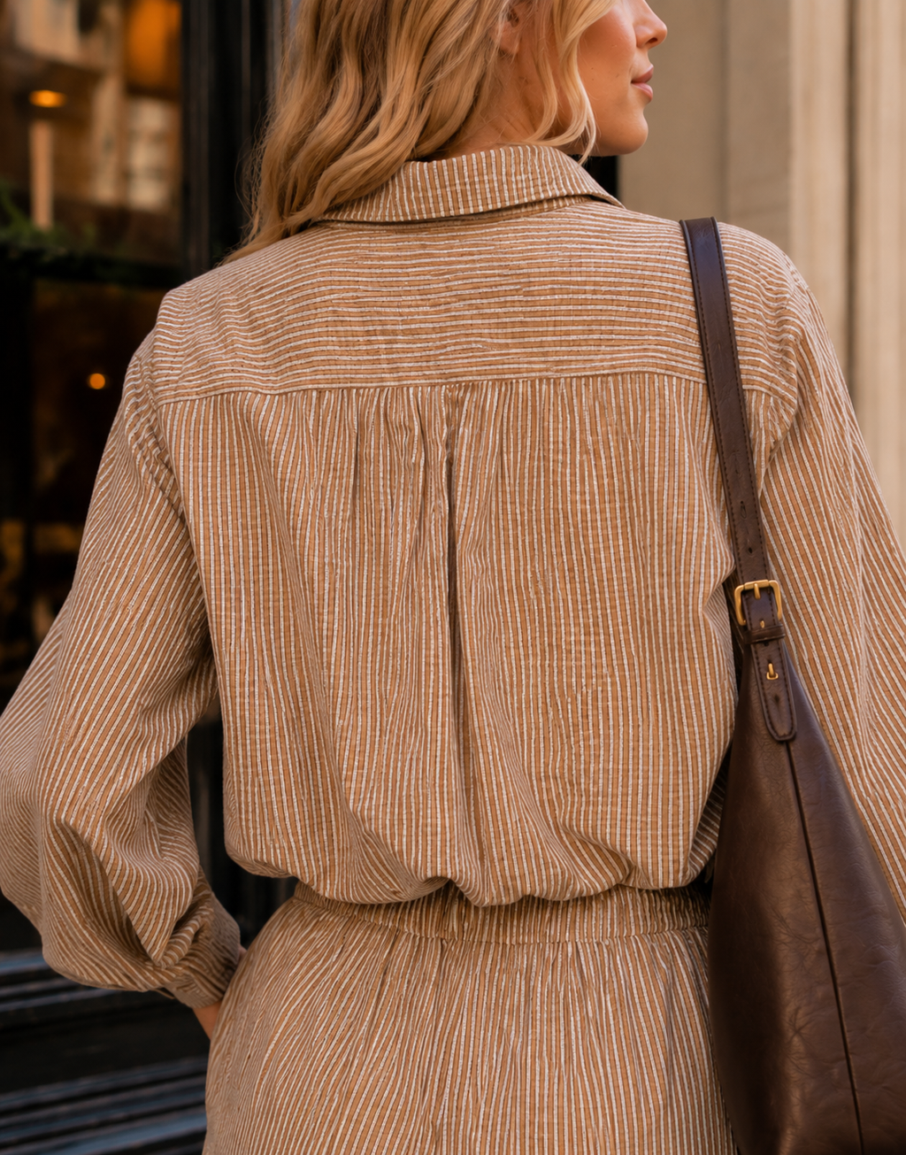Striped Shirt And Pant Set - Brown