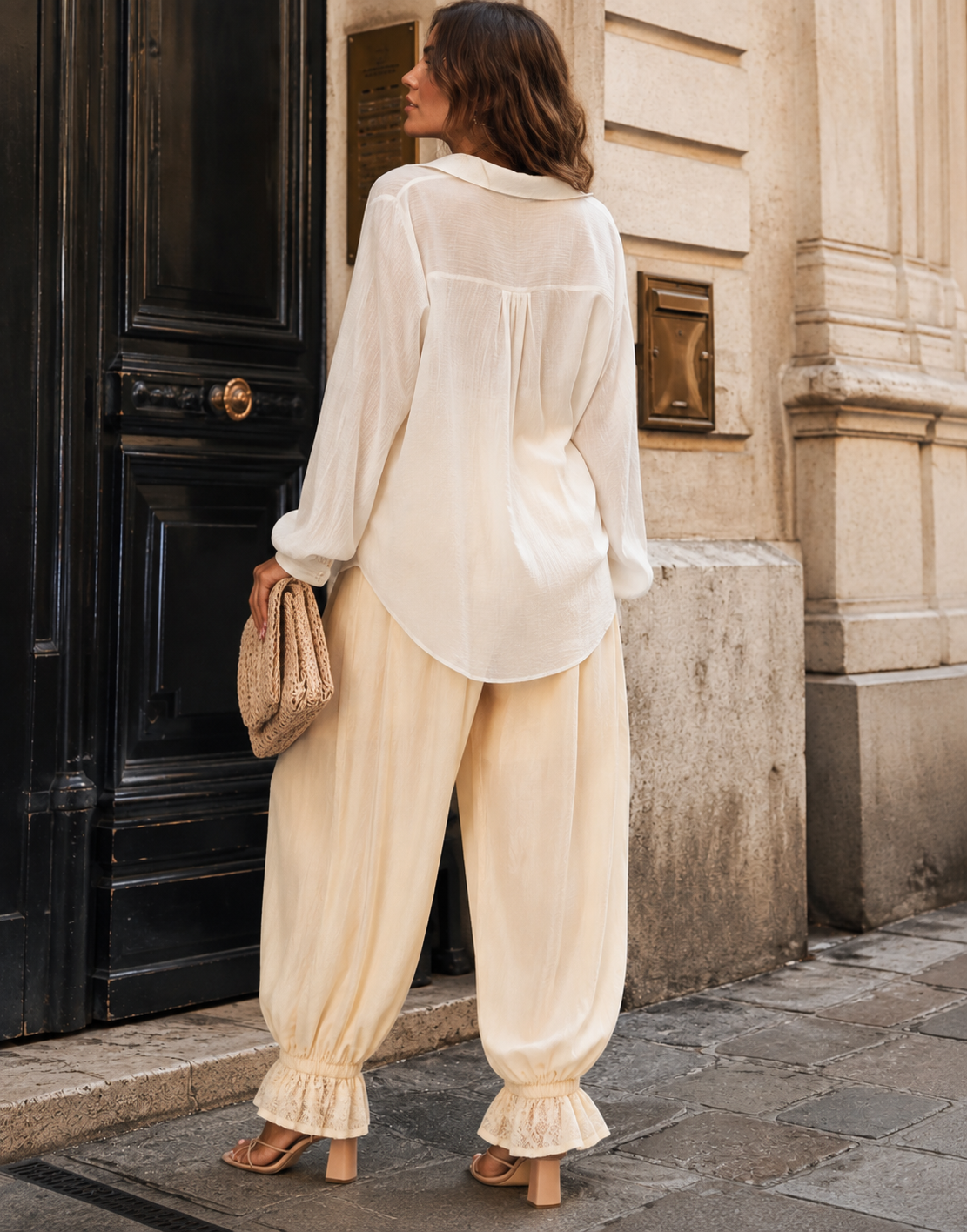 Lace-Panel Wide-Leg Pant - Yellow
